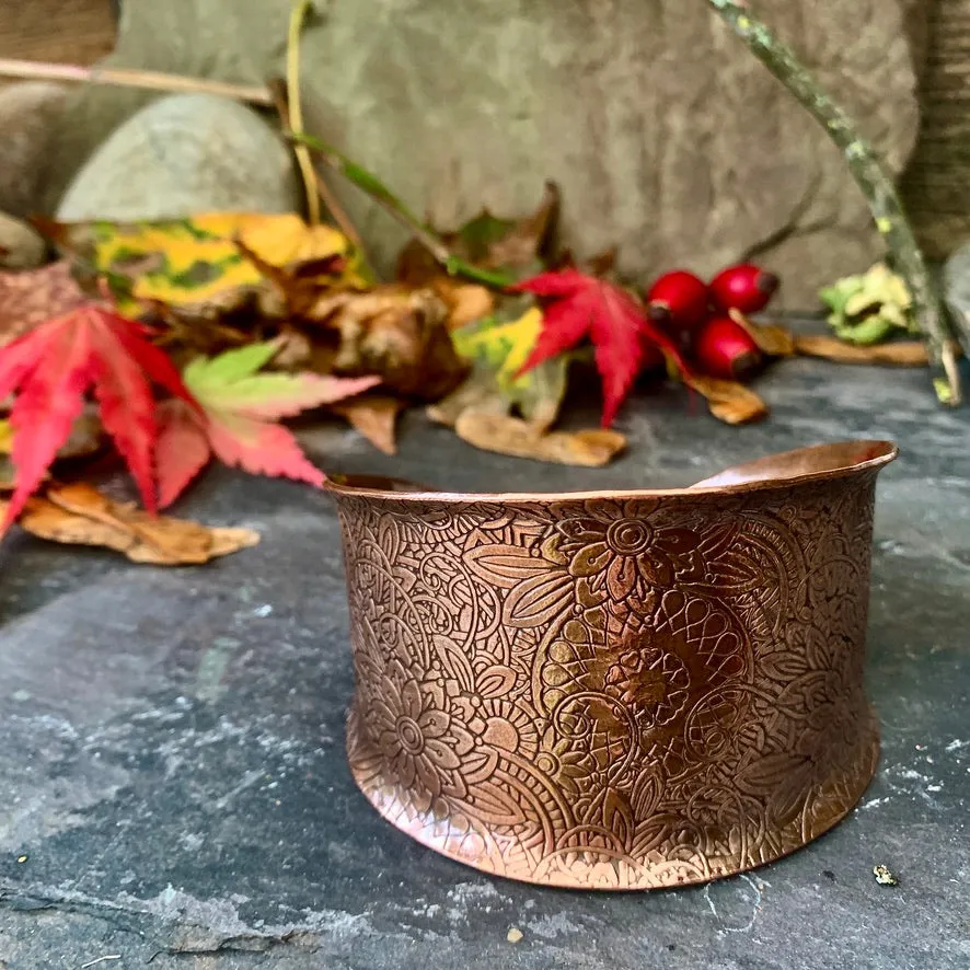 Large decorative copper cuff bracelet