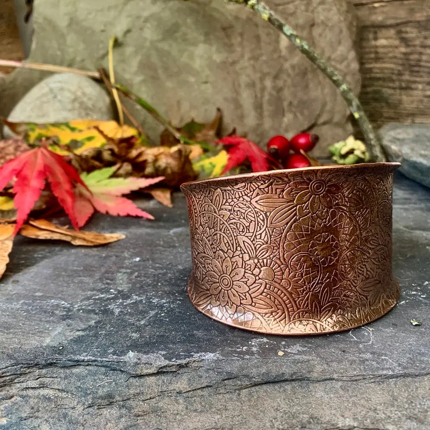 Large decorative copper cuff bracelet