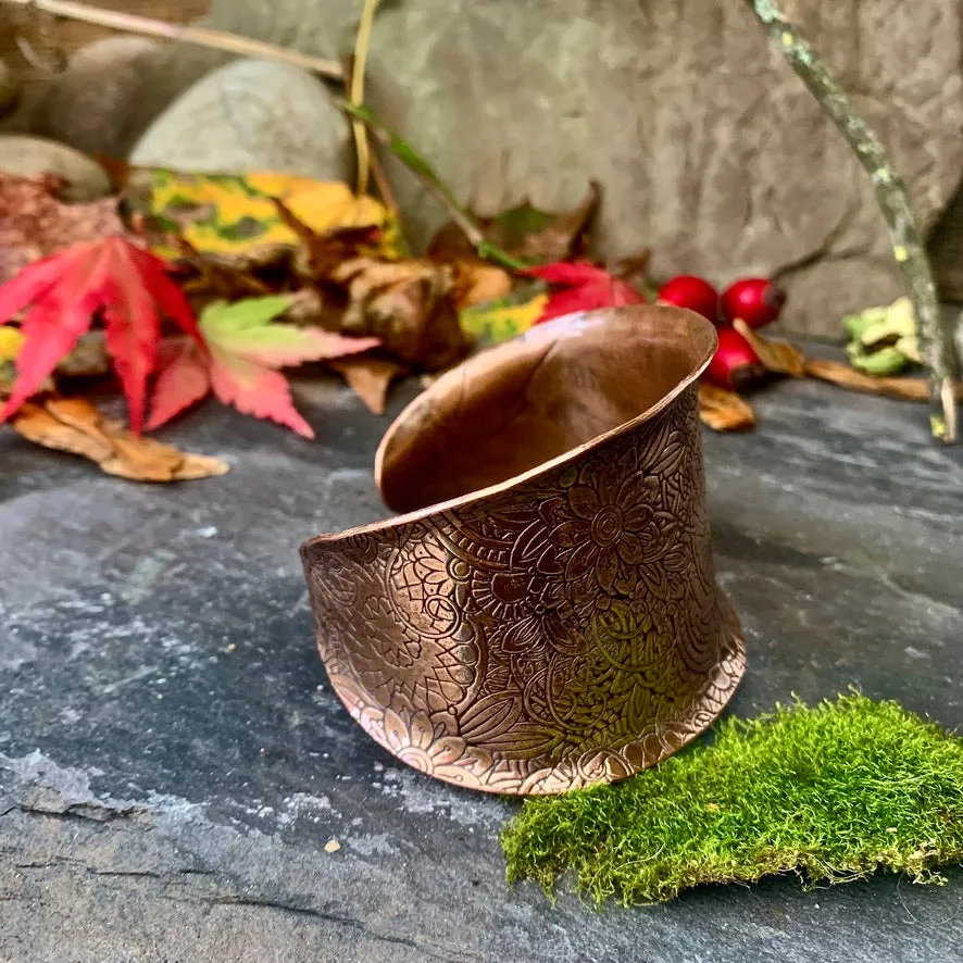 Large decorative copper cuff bracelet