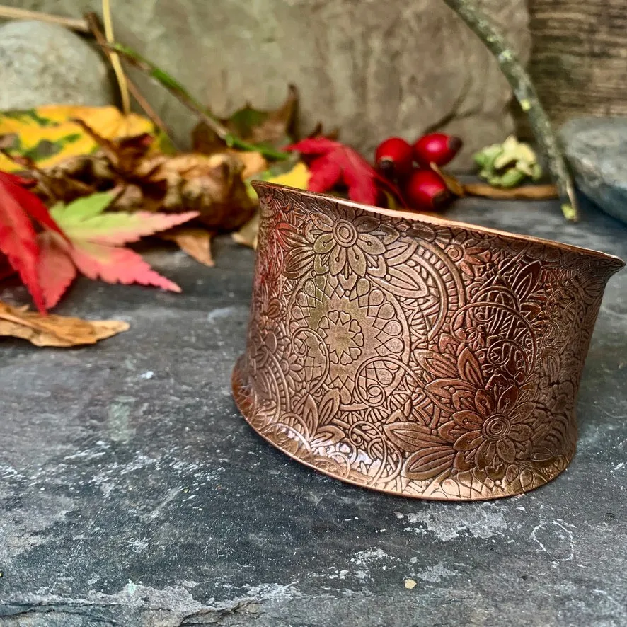 Large decorative copper cuff bracelet