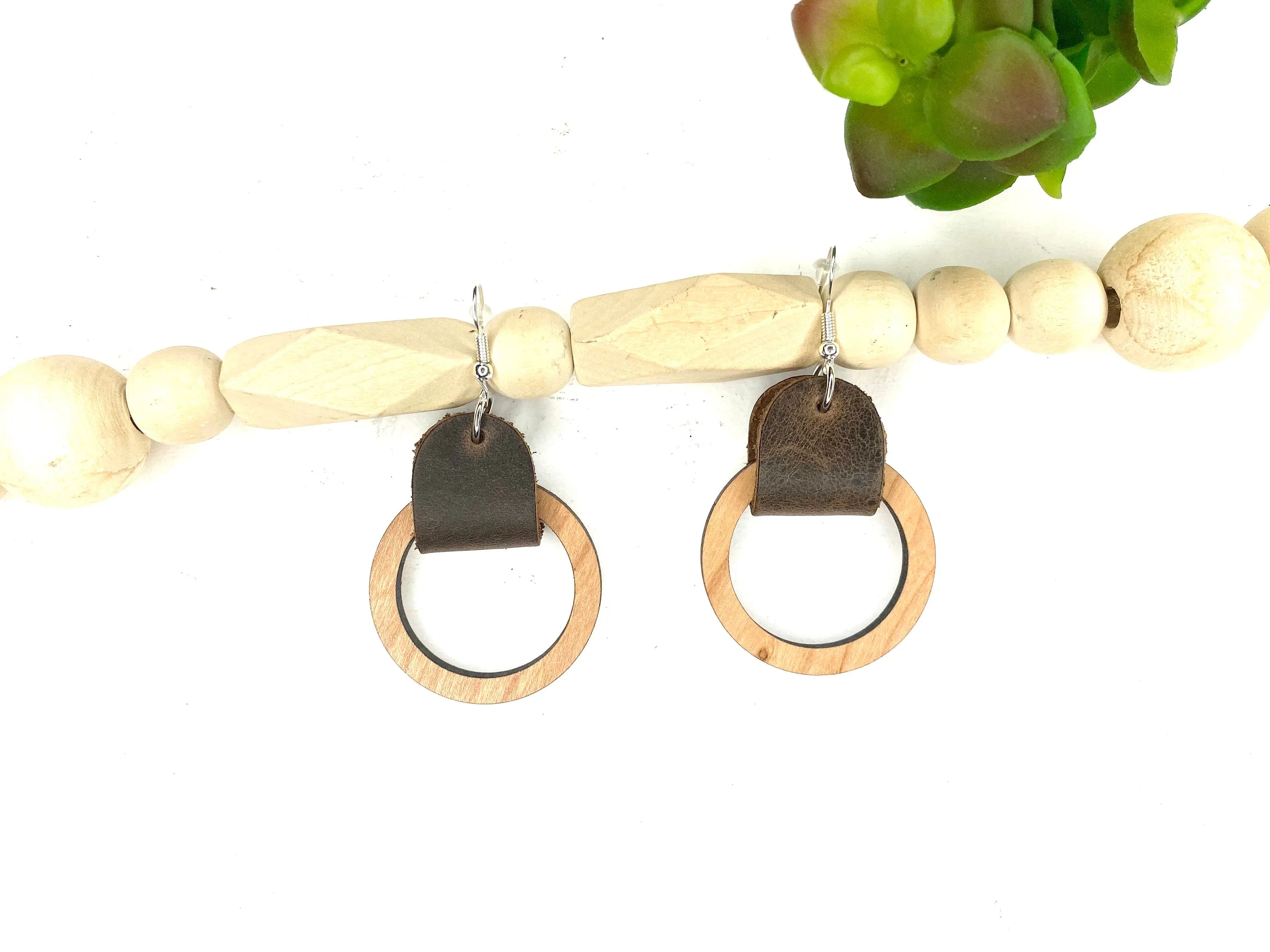 Leather and Wood Dangle Earring Boho Earring Circle Cut Out Drop Earring Round Leather Earring Christmas Gift for Teacher Large and Small