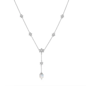 Moonstone Silver Floral Lariat Necklace - Daffodil