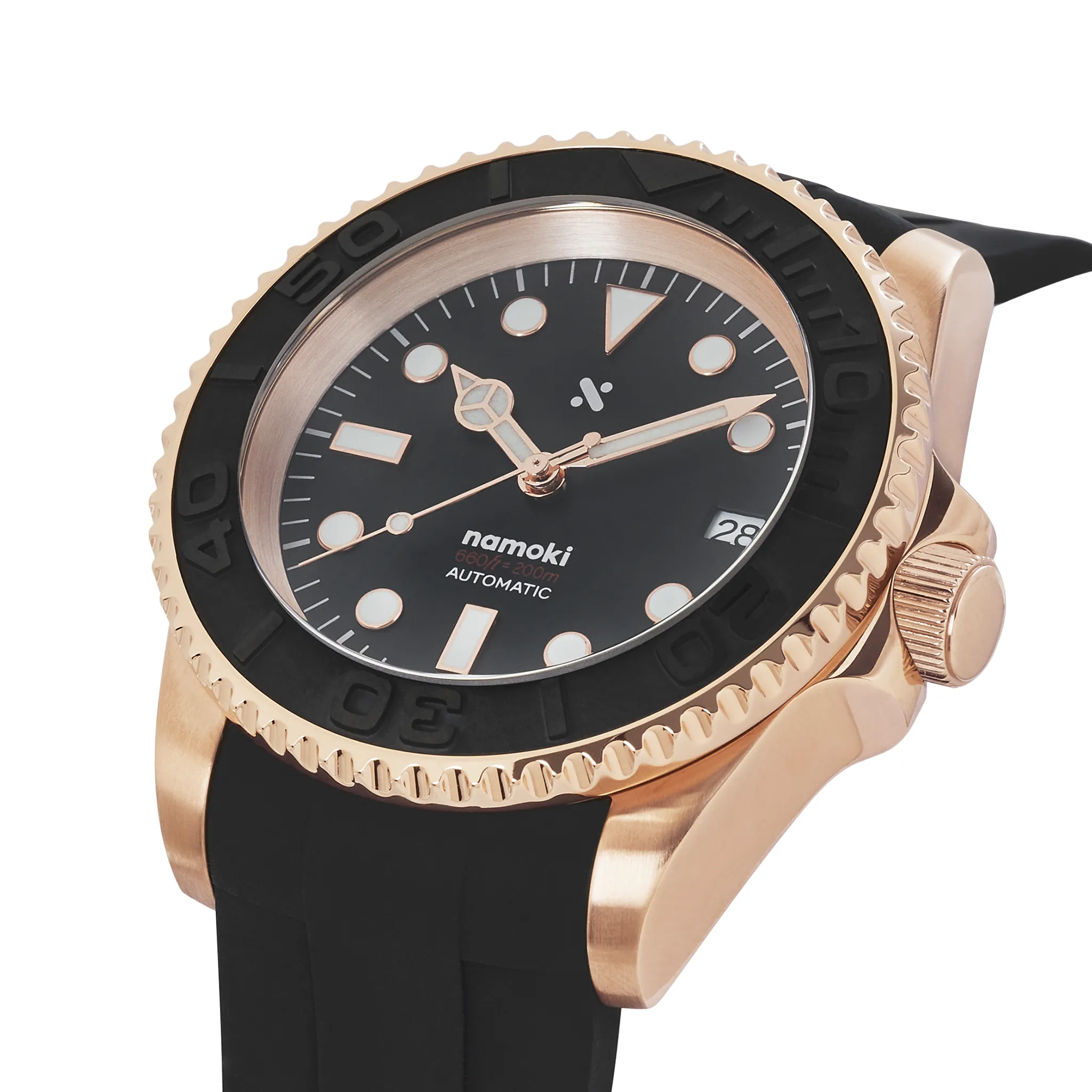 NMK03 Automatic Dive Watch: YM Rose Gold with Fitted Rubber Strap