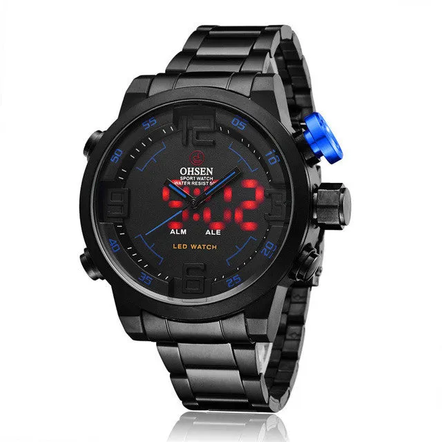 OHSEN Men Sports Military Watches Full Steel Quartz Wristwatches LED Display Watch Luxury Brand Waterproofed Diver Diving Watch