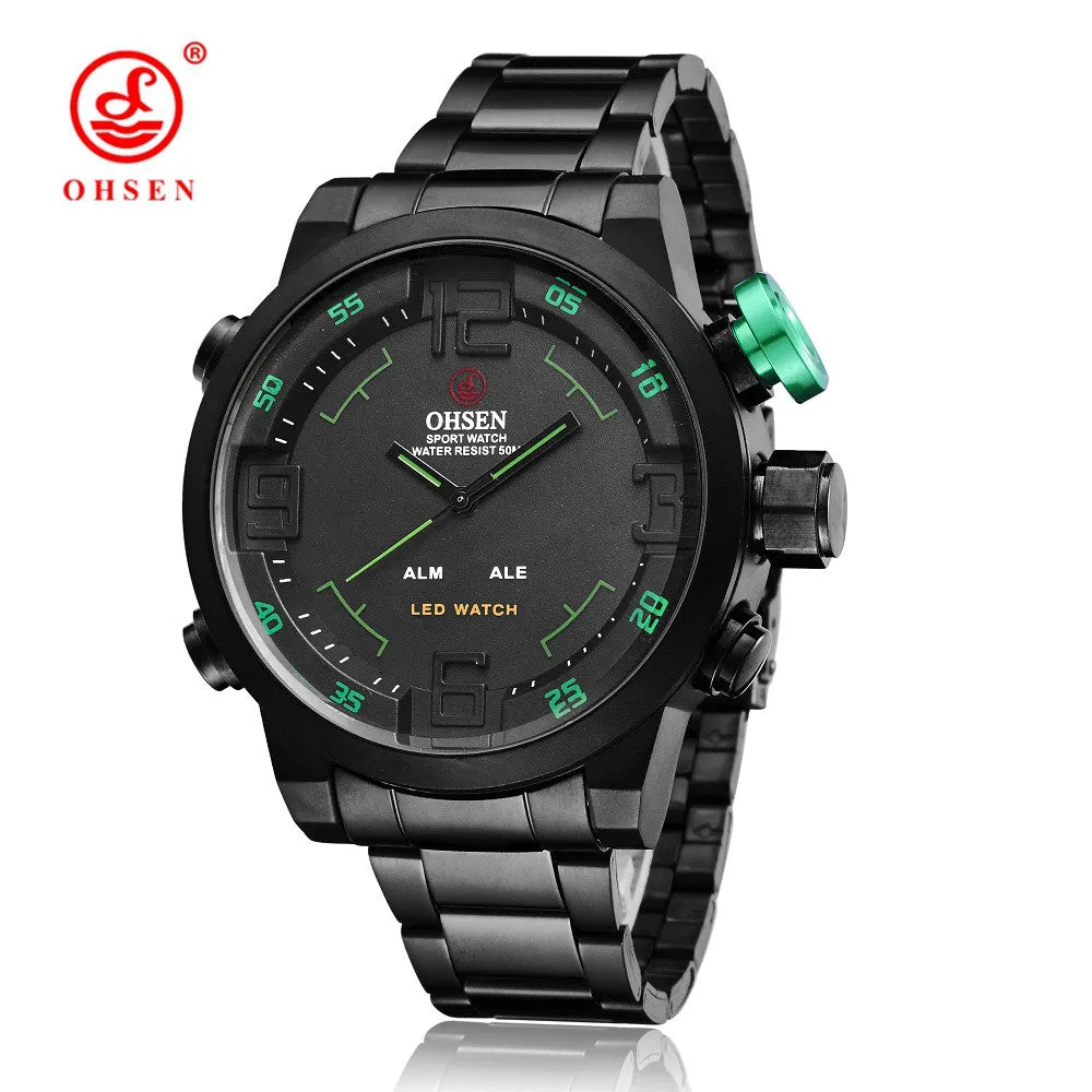 OHSEN Men Sports Military Watches Full Steel Quartz Wristwatches LED Display Watch Luxury Brand Waterproofed Diver Diving Watch