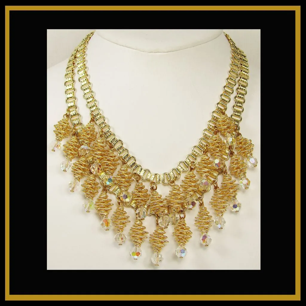 Spiral Necklace Crystal Drops Gold Tone 1960s