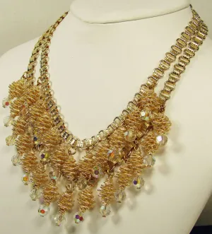 Spiral Necklace Crystal Drops Gold Tone 1960s