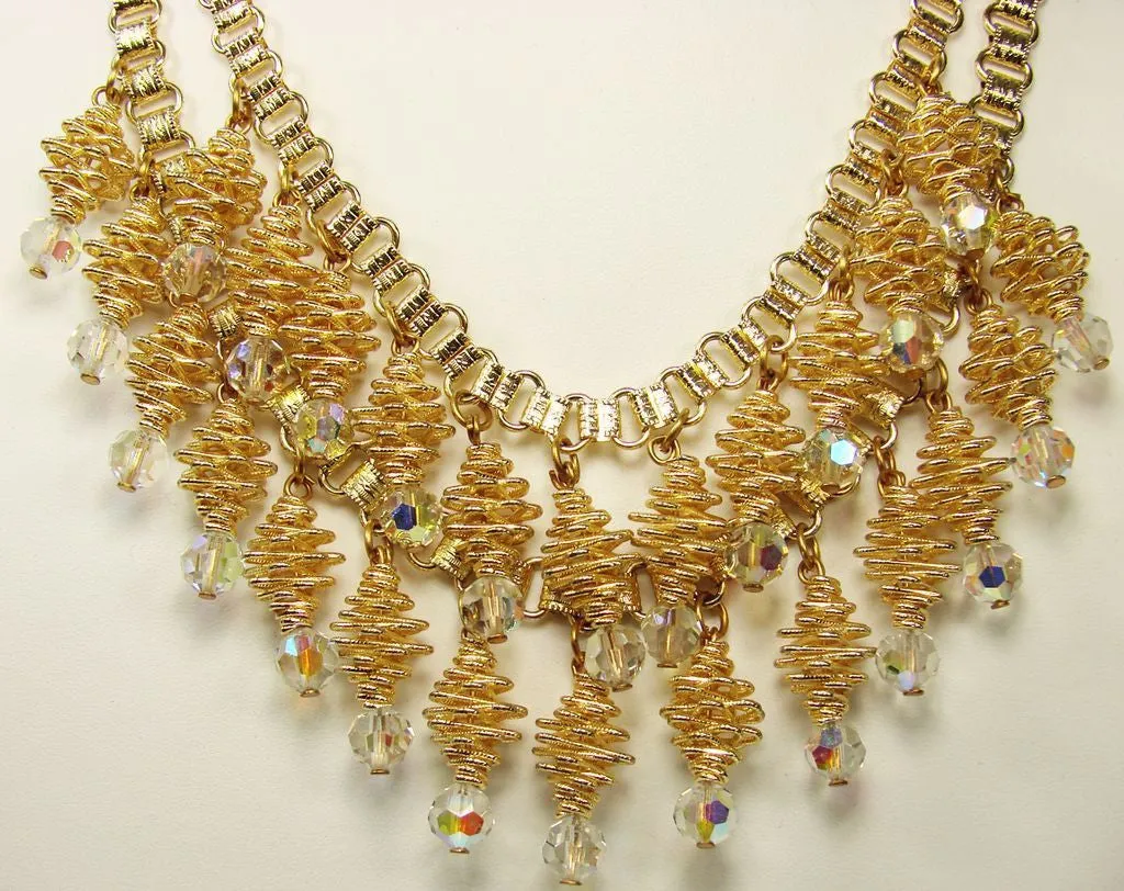 Spiral Necklace Crystal Drops Gold Tone 1960s