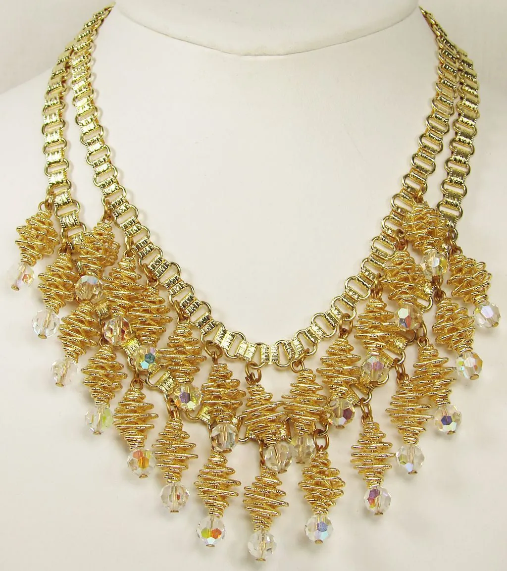 Spiral Necklace Crystal Drops Gold Tone 1960s