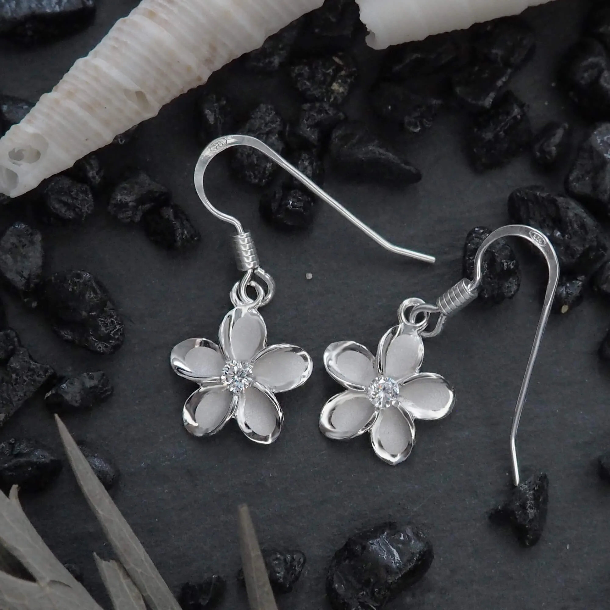 Sterling Silver 11mm Plumeria Dangle Earrings