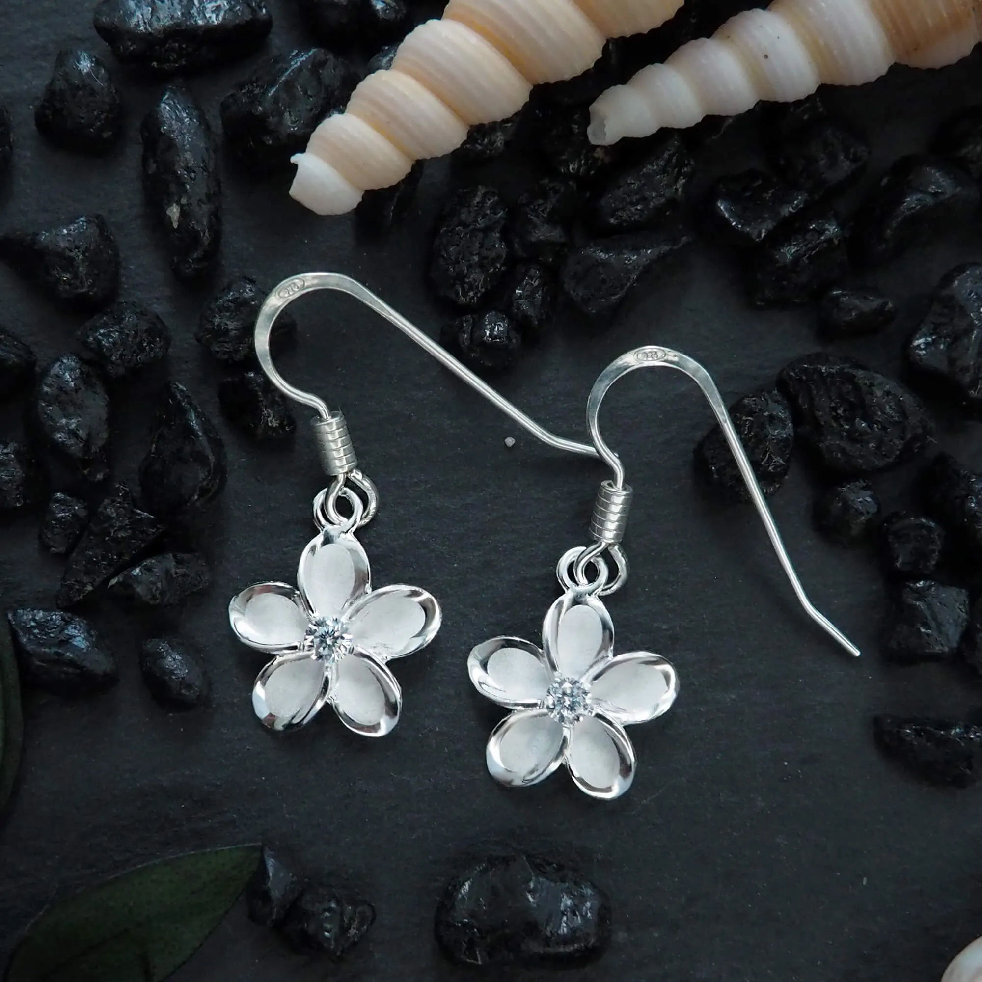 Sterling Silver 11mm Plumeria Dangle Earrings