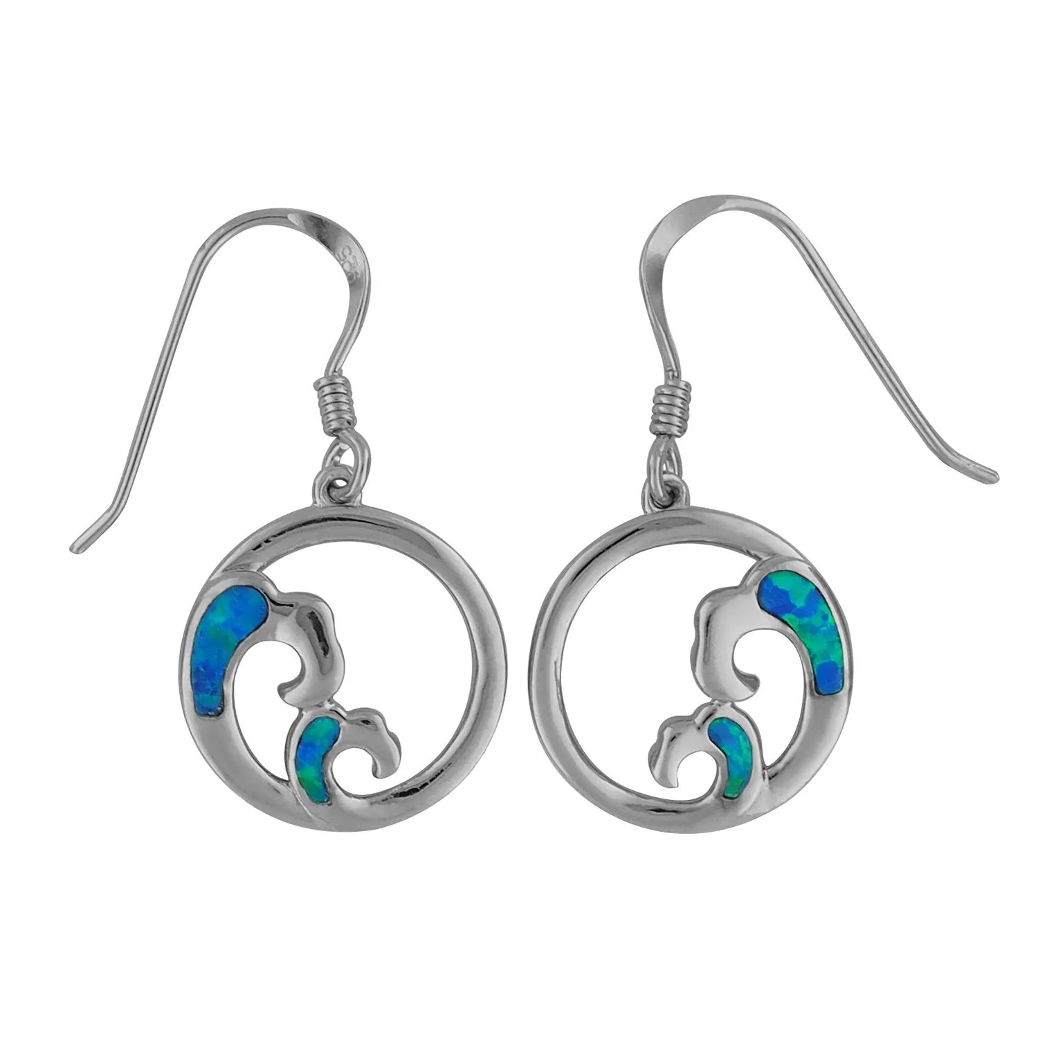 Sterling Silver Synthetic Blue Opal Circle Wave Dangle Earrings