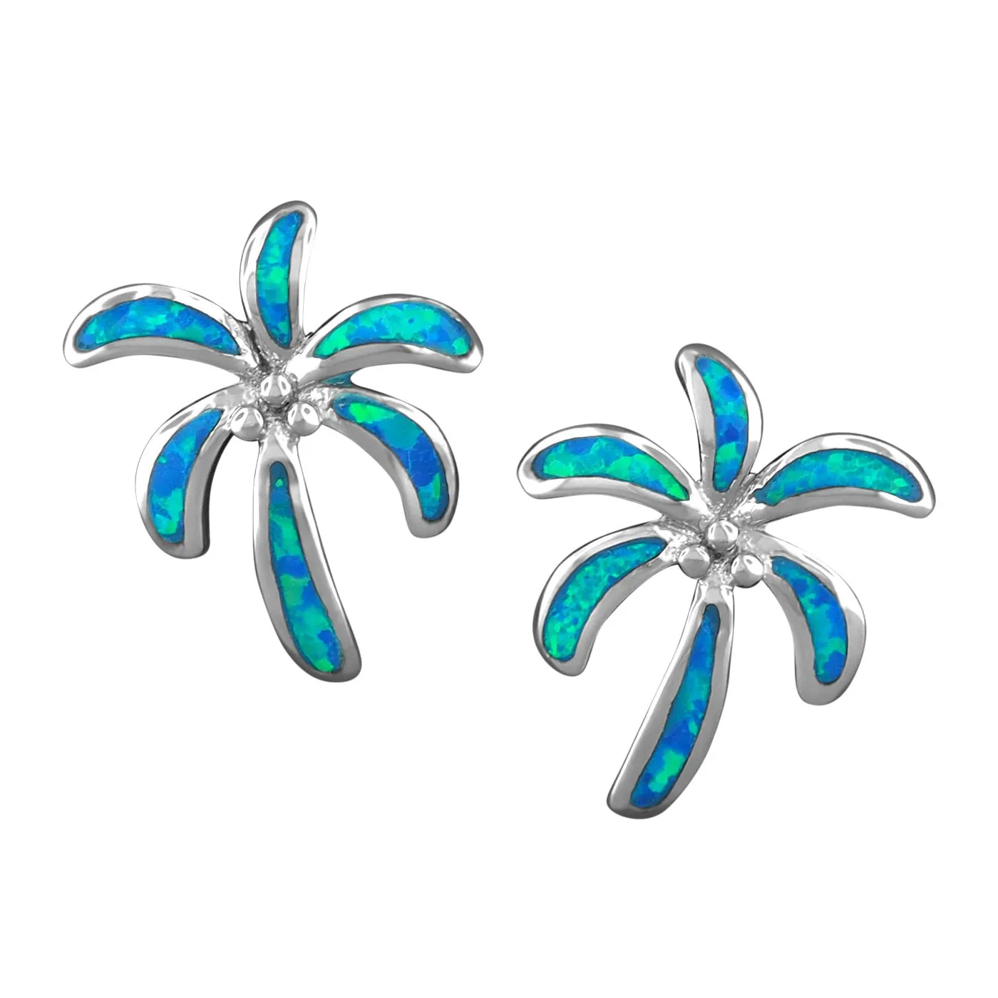 Sterling Silver Synthetic Blue Opal Palm Tree Stud Earrings