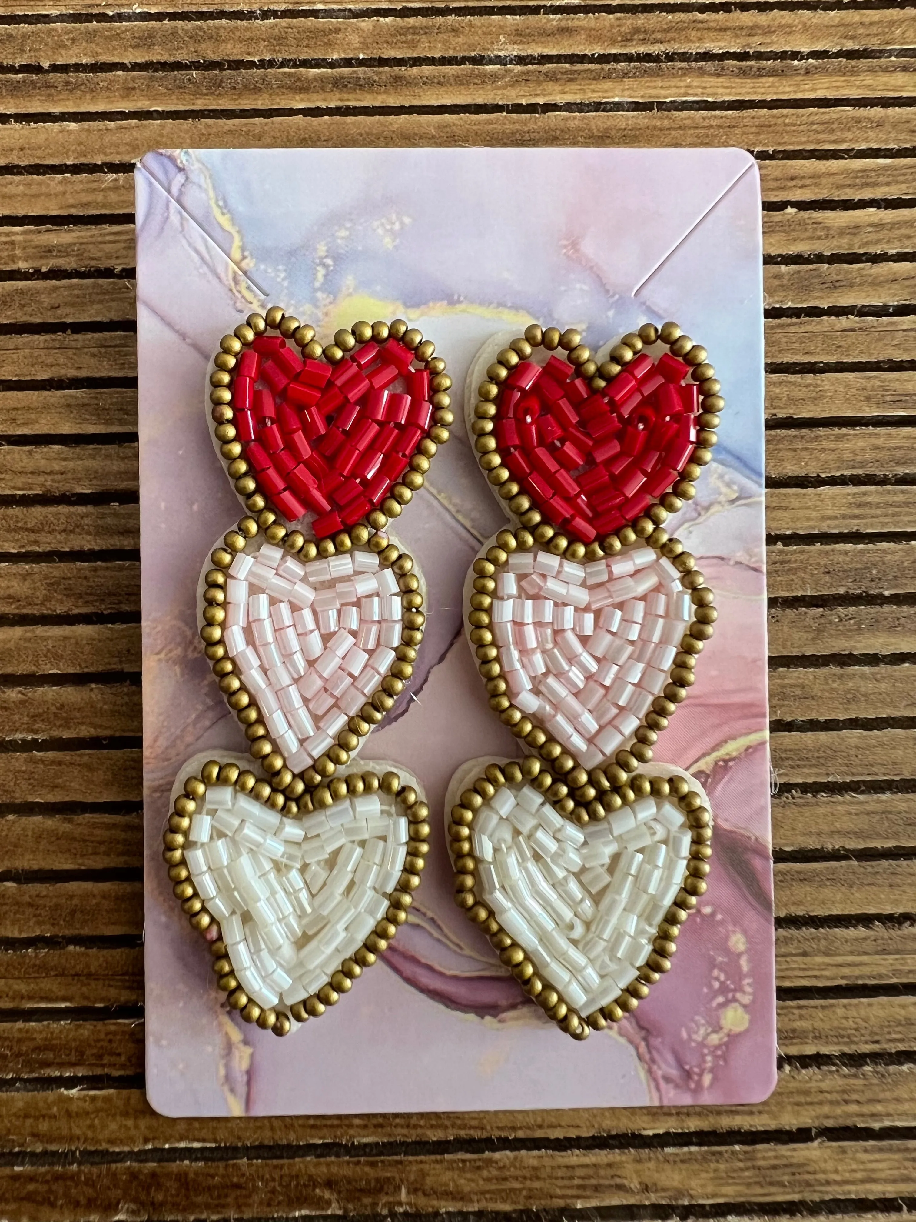 Three Hearts Earrings Rice Beads Handmade