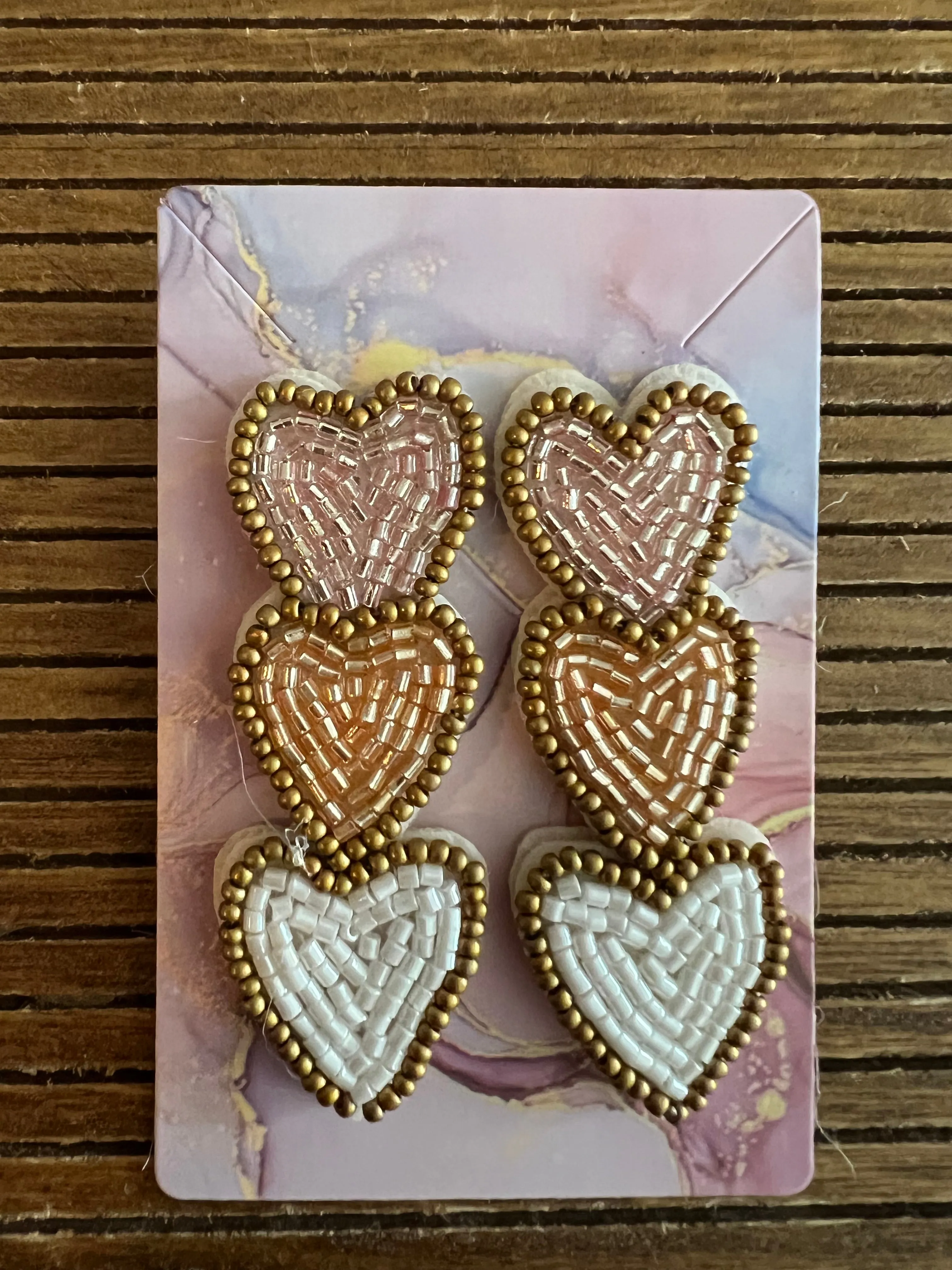 Three Hearts Earrings Rice Beads Handmade