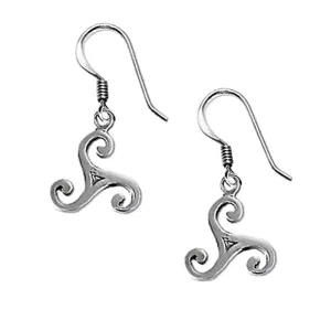 Triskele Celtic Spiral Earrings, Sterling Silver Triskele Dangle Earrings