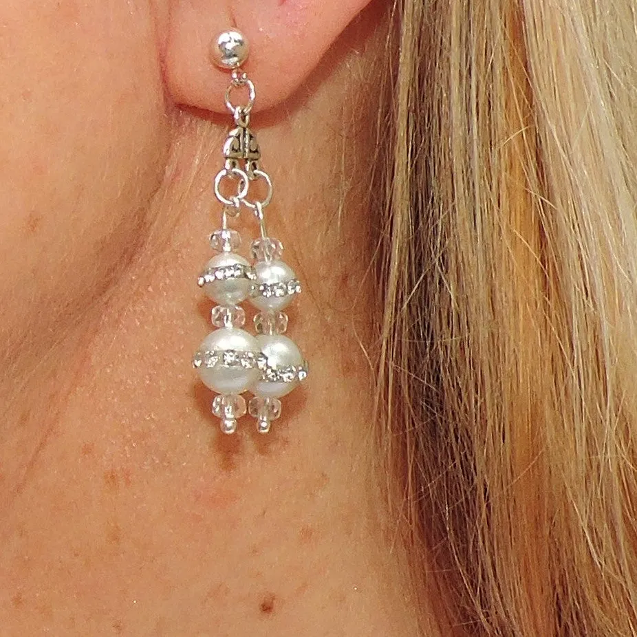 White Pearl and Rhinestone and Swarovski Crystal Dangle Earrings