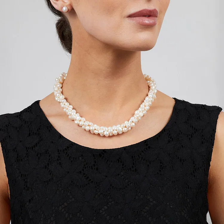 Women's Chunky Modern Twist Natural White Pearl Necklace Multi Strand