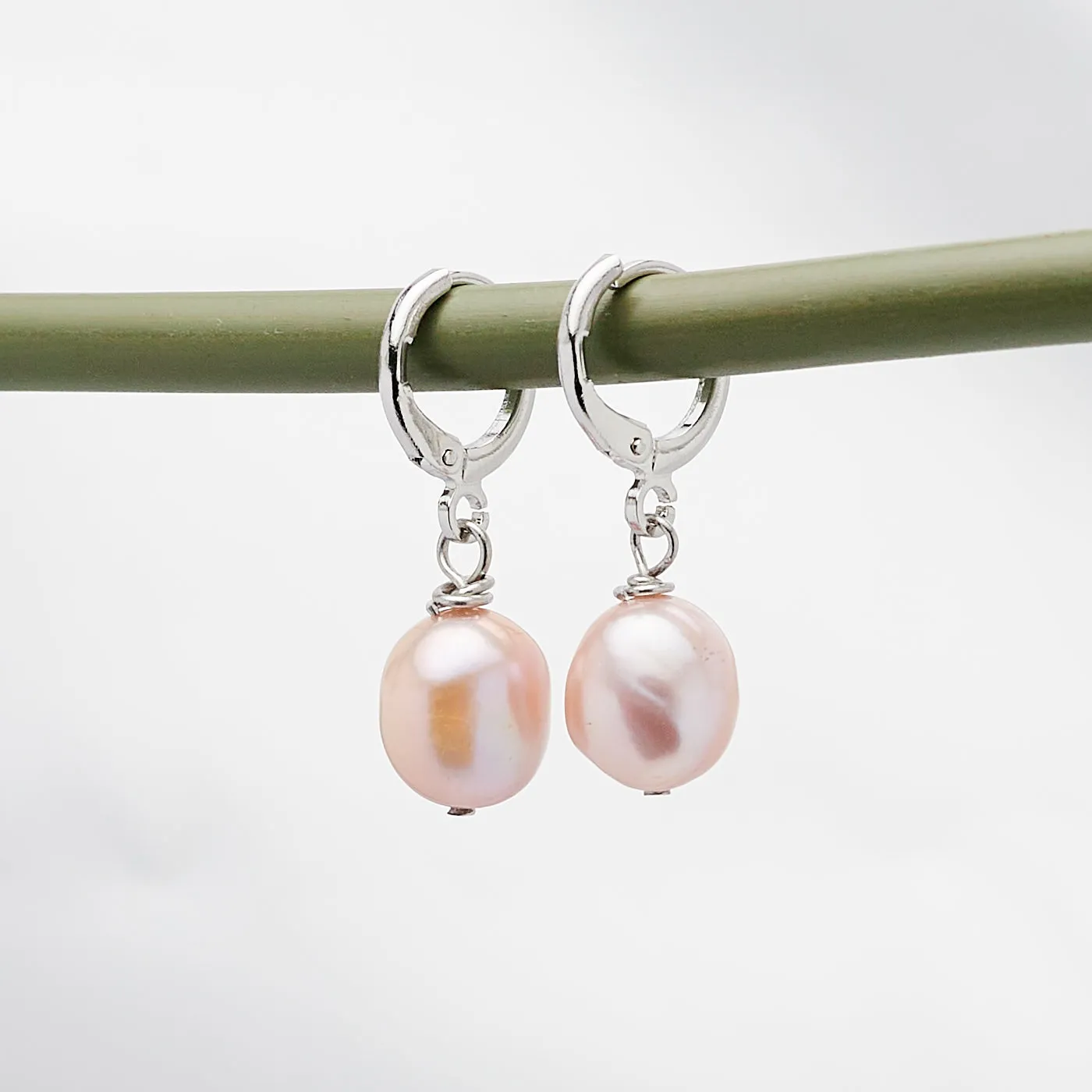 Women's Pearl Drop Hoop Earrings 9-10mm Baroque  Colour: Black | White | Grey | Pink