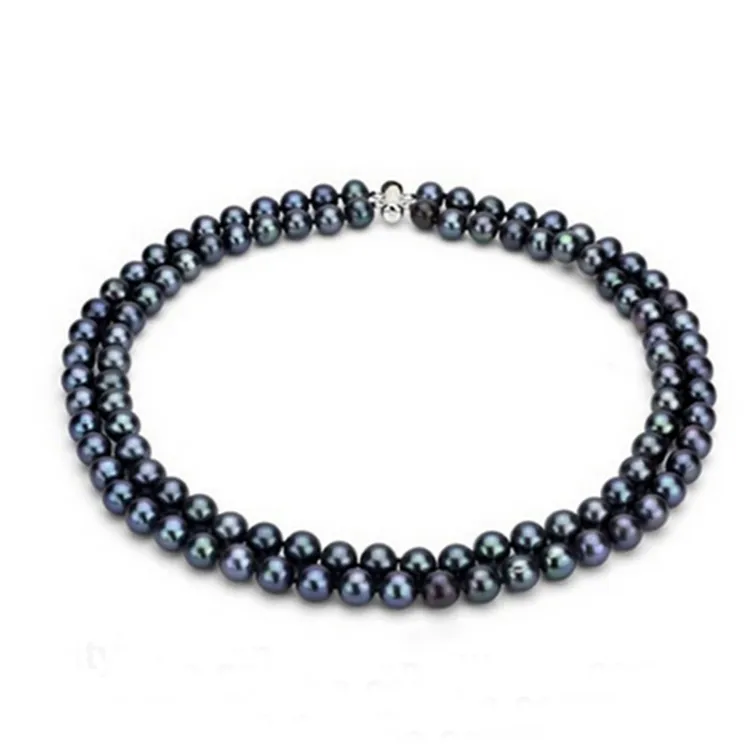 Women's Pearl Necklace Handcrafted Two-row Natural Freshwater 7mm Black